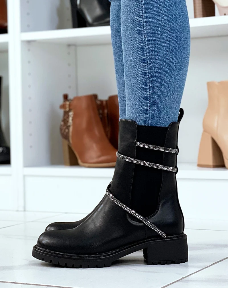 Chelsea boots noires à liseré à strass