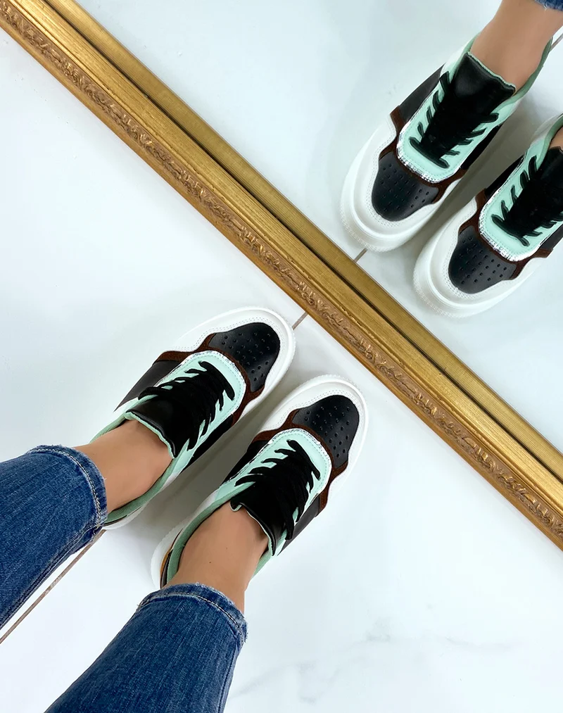 Baskets noires beiges vert d?eau et camel
