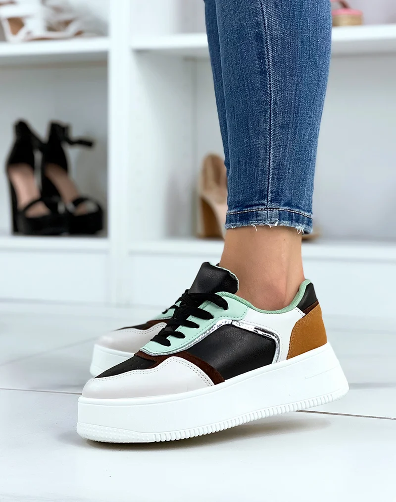 Baskets noires beiges vert d?eau et camel
