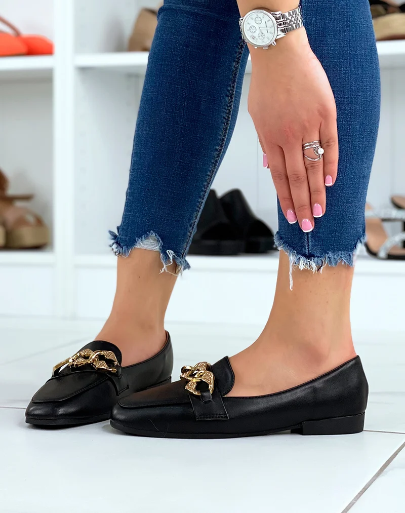 Mocassins noirs à chaîne dorée à strass