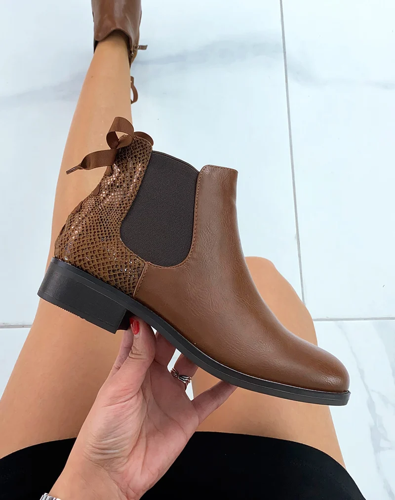 Bottines chelsea camel bi-matière à noeud