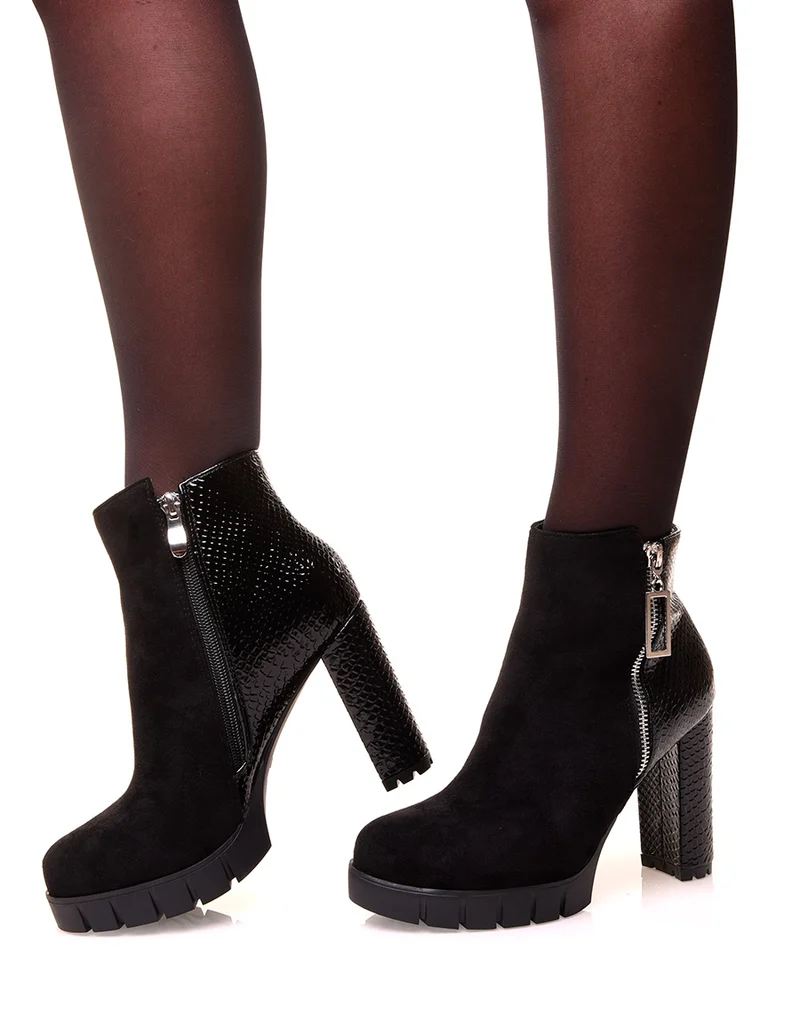 Bottines noires à talon bi-matières croco