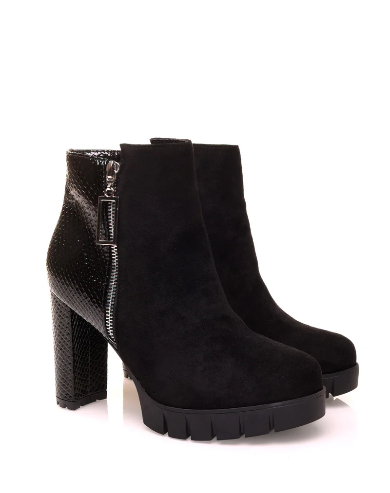 Bottines noires à talon bi-matières croco