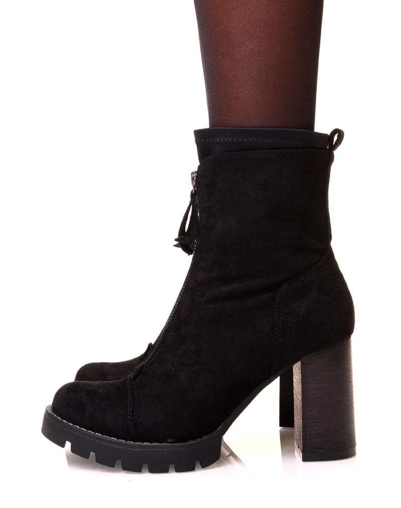 Bottines noires en suédine à talons effet chaussette