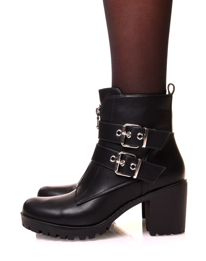 Bottines à talon épais noires à sangles zippées à l’avant