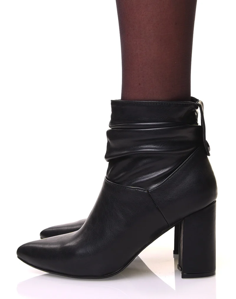 Bottines noires à talons carrés et bouts pointus effet plissé