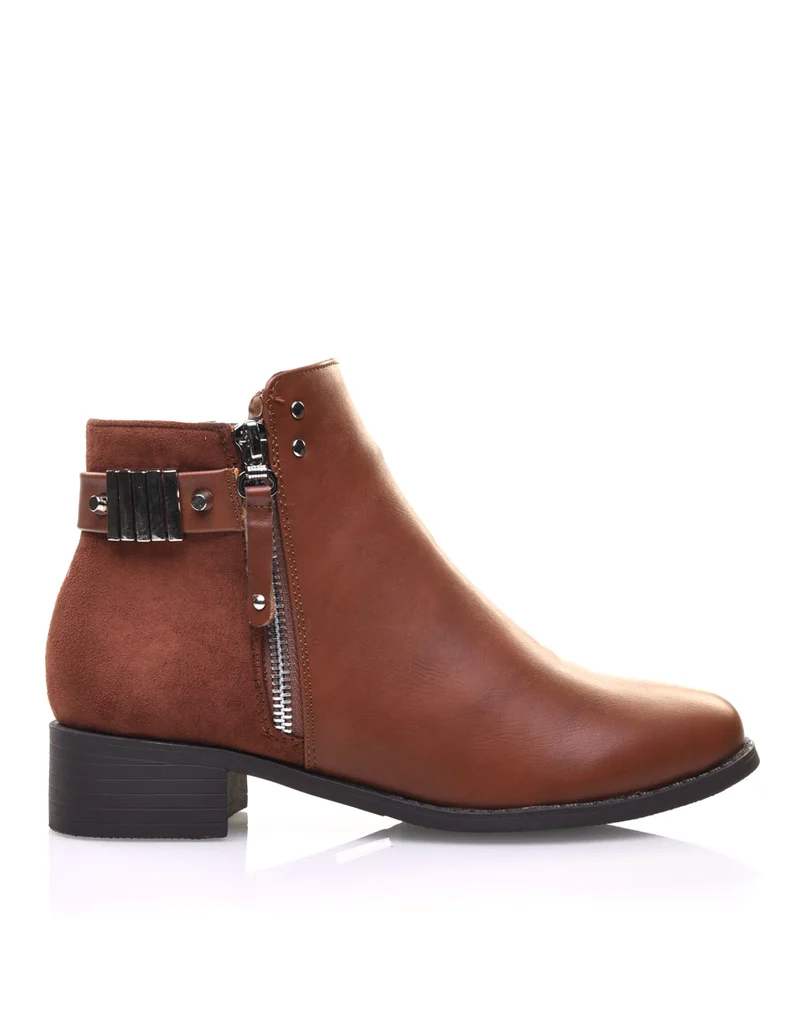 Bottines camel plates fermeture éclaire décorative