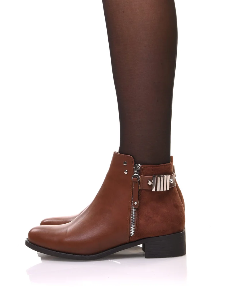 Bottines camel plates fermeture éclaire décorative