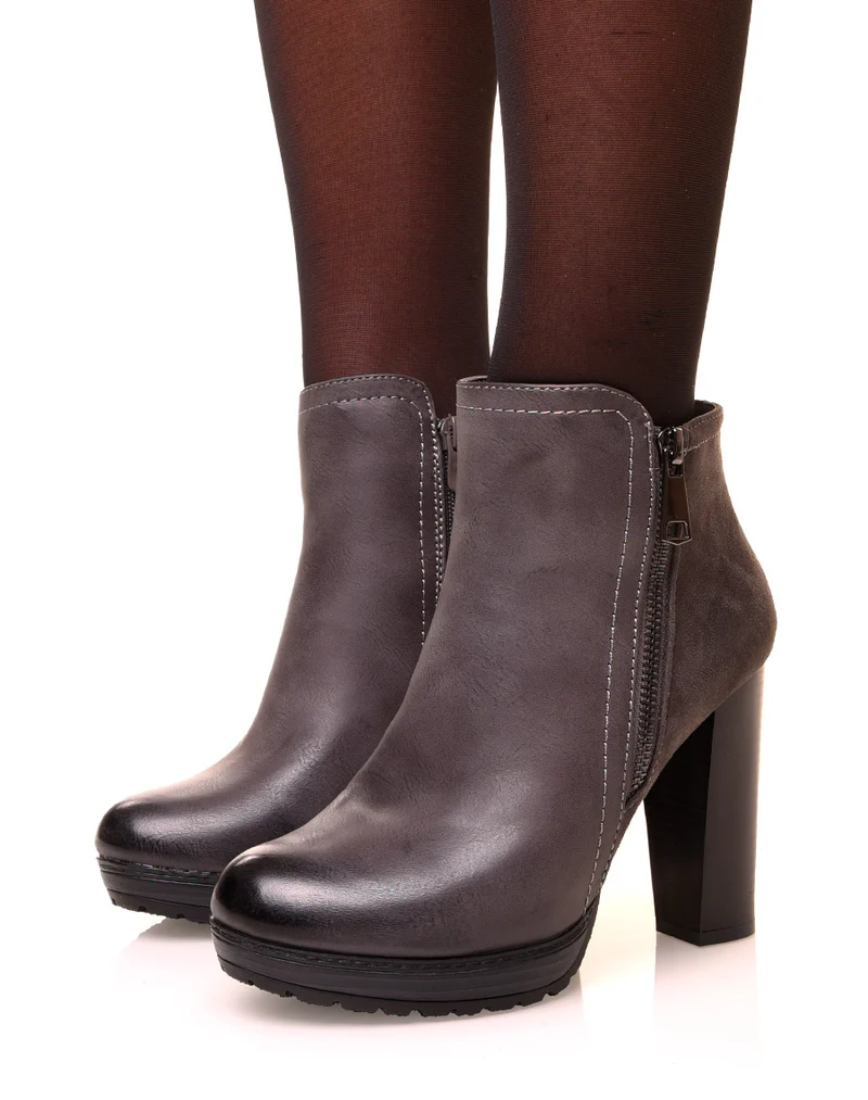 Bottines à talons grises bi matières