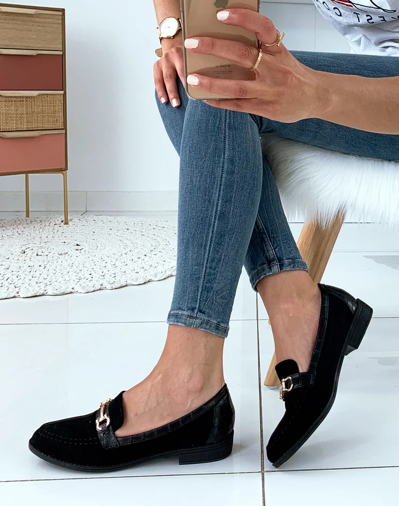Mocassins noirs bi-matières suédine et croco