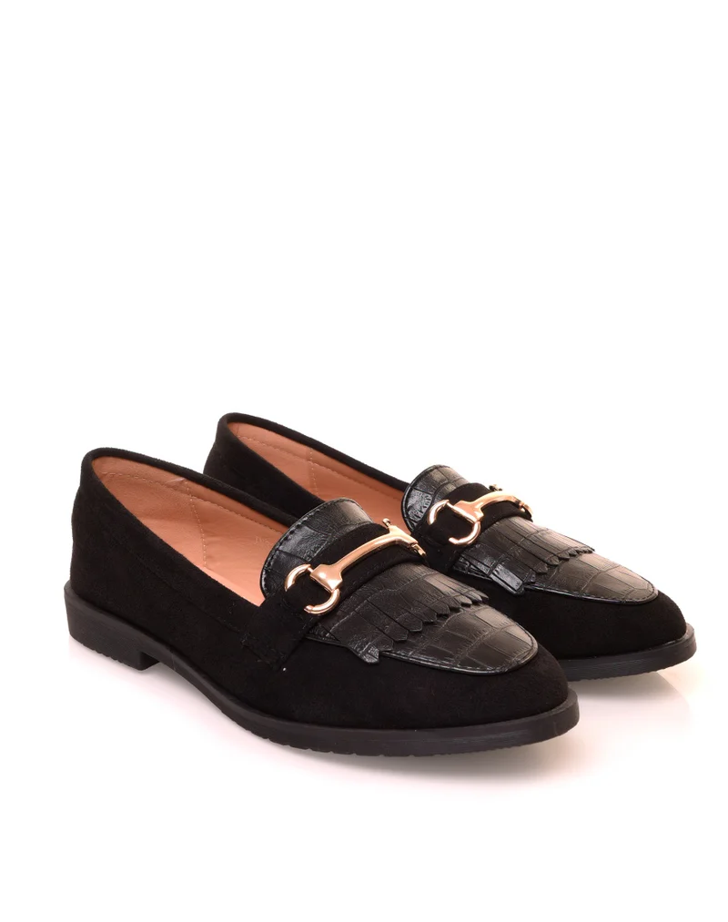 Mocassins noirs en suédine à franges et à détails croco