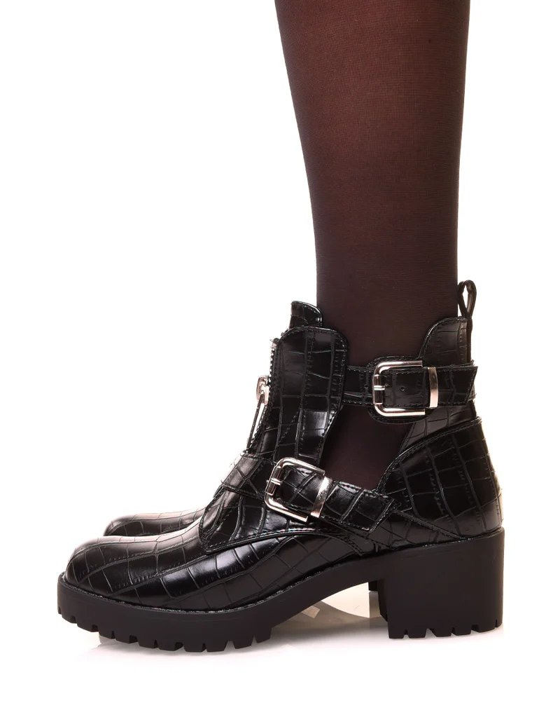 Bottines noires ouvertes à double lanières effet croco
