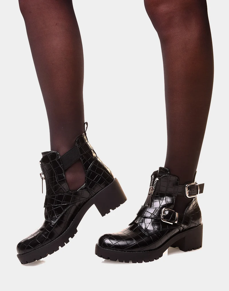 Bottines noires ouvertes à double lanières effet croco