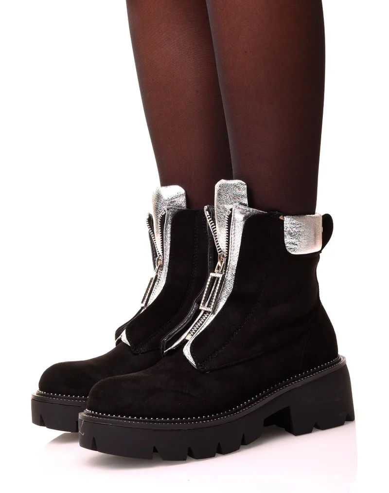 Bottines noires et argentés en suédine à zip