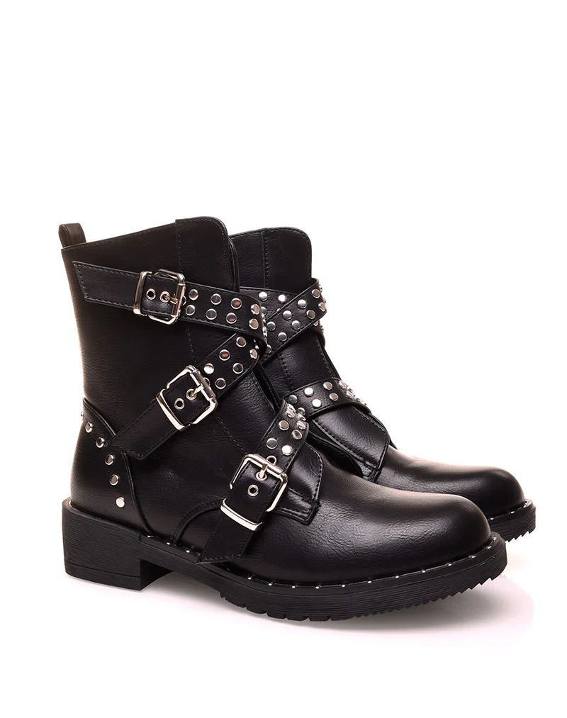 Bottines montantes noires à triples sangles cloutées