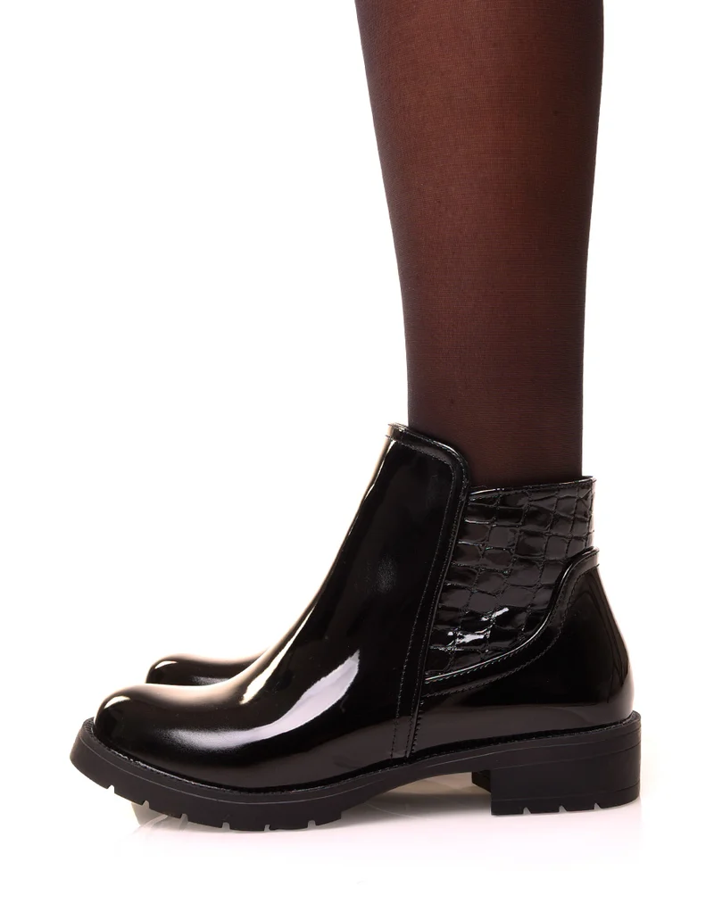 Bottines noires vernis à empiècement croco