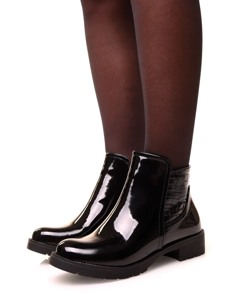 Bottines noires vernis à empiècement croco