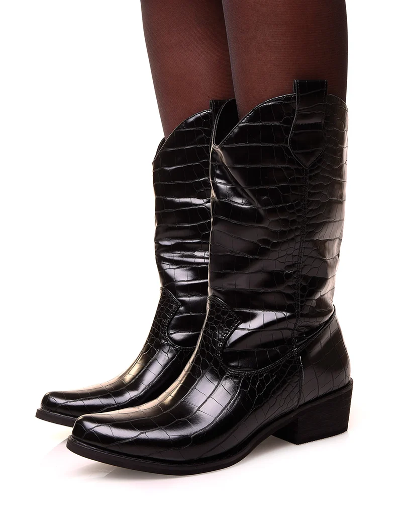 Santiags hautes noires effet croco