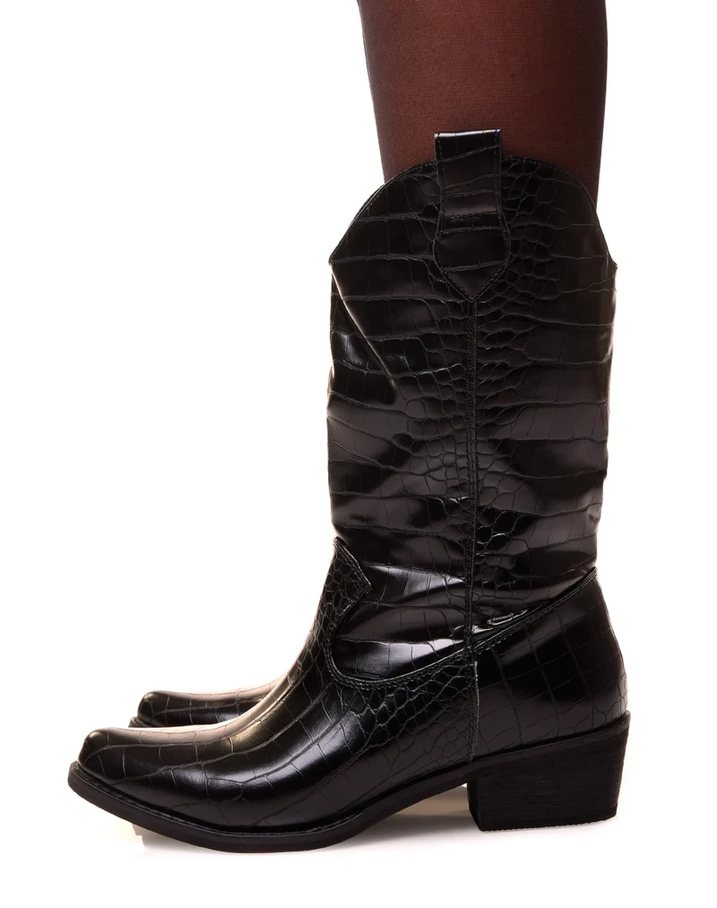 Santiags hautes noires effet croco