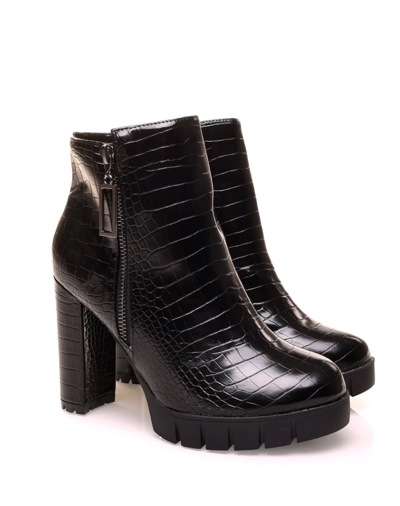 Bottines noires vernis effet croco à talon haut à zip décoratif