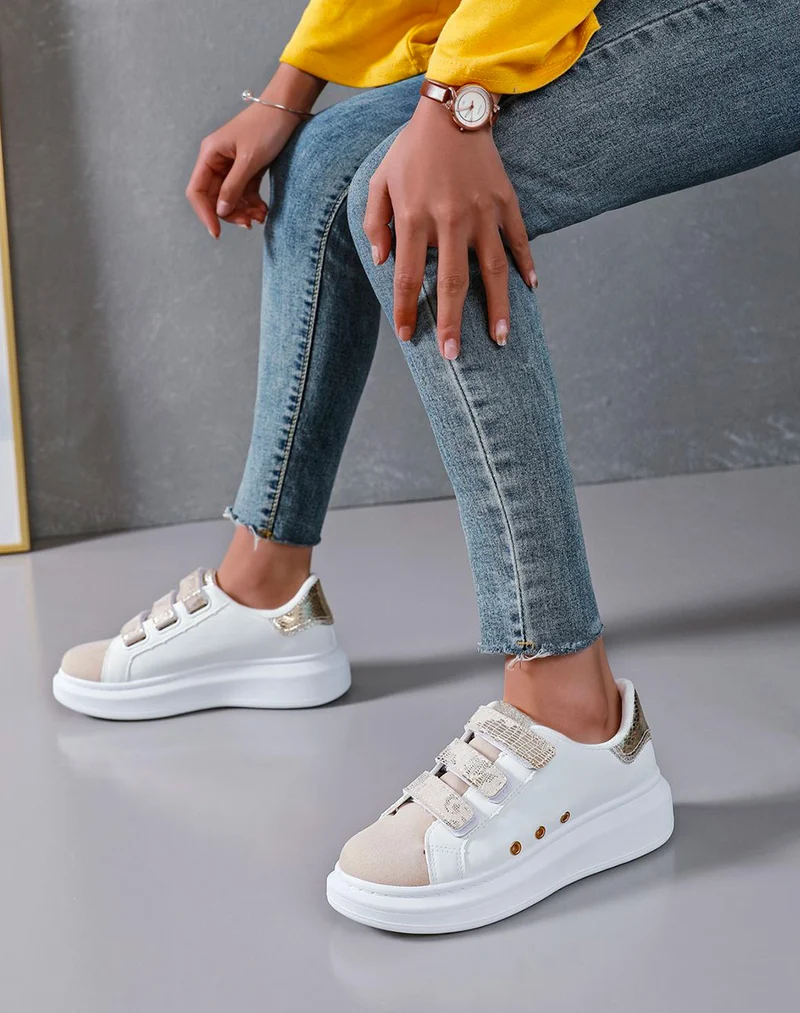 Basket blanche bi-matière à scratchs dorée