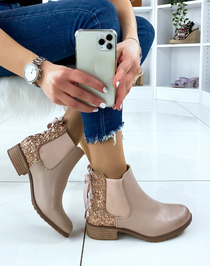 Chelsea boots rose poudré à paillettes avec nœud