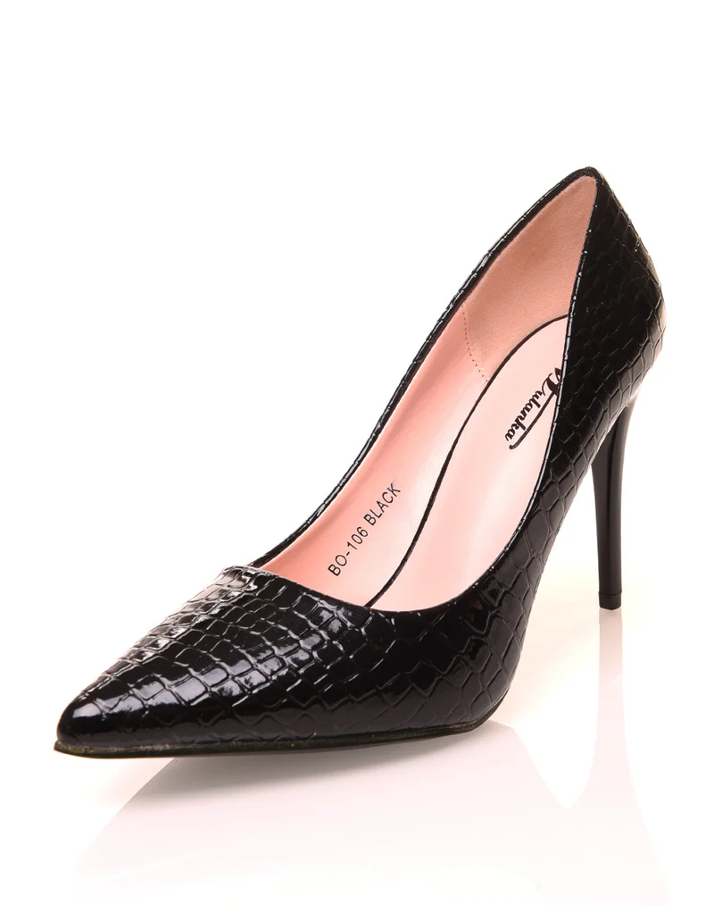 Escarpins croco noirs à talons aiguilles