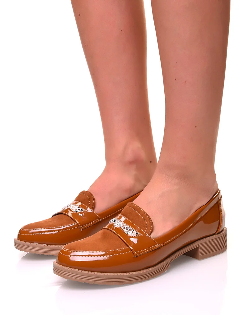 Mocassins marrons bi-matières détails python et résille