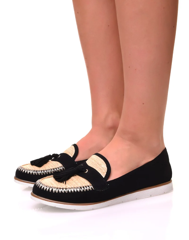 Mocassins en suédine noire et effet osier à pompons