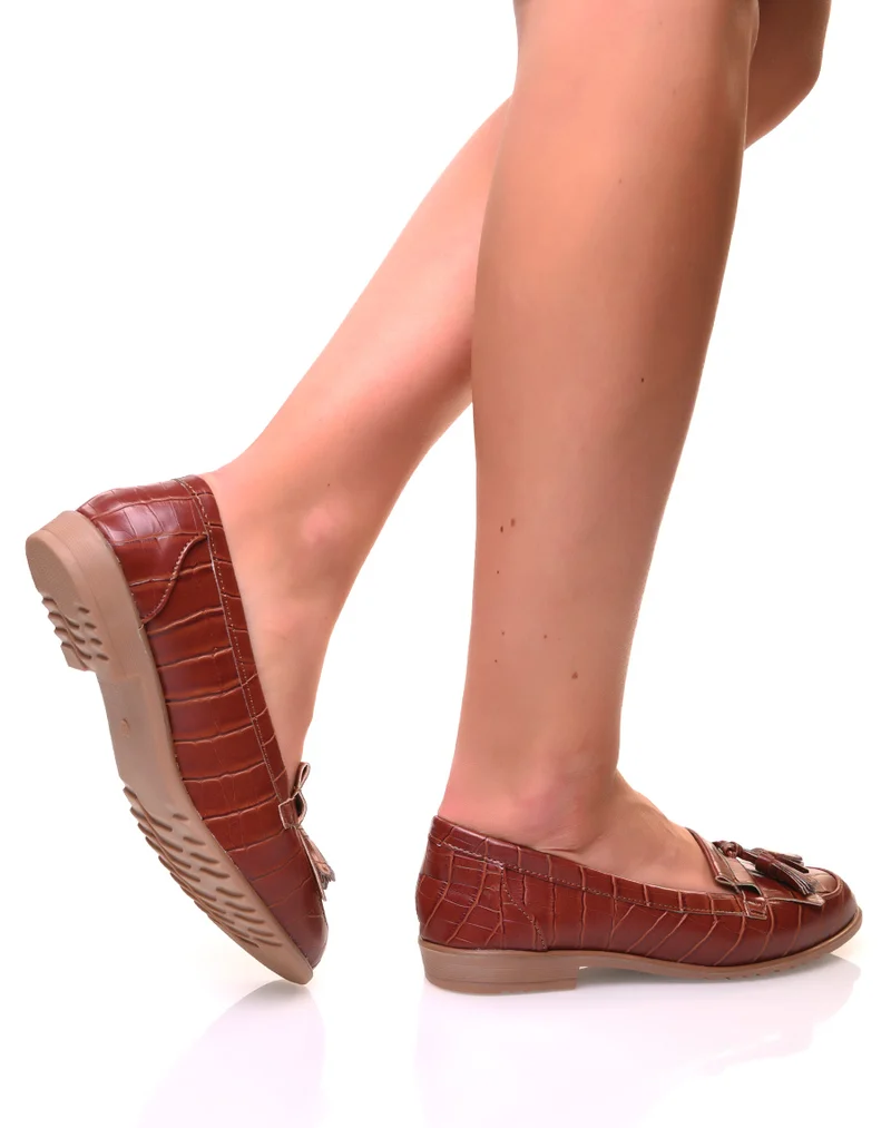 Mocassins à franges et pompons effet croco marron