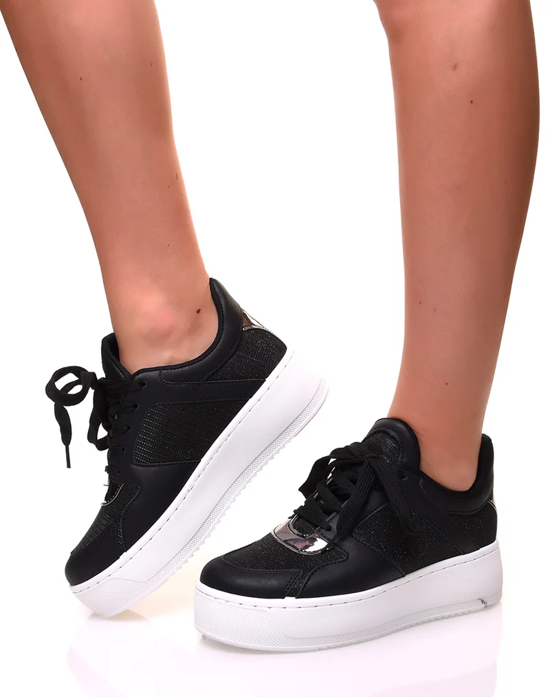 Baskets noires à paillettes argentées et empiècements argentés