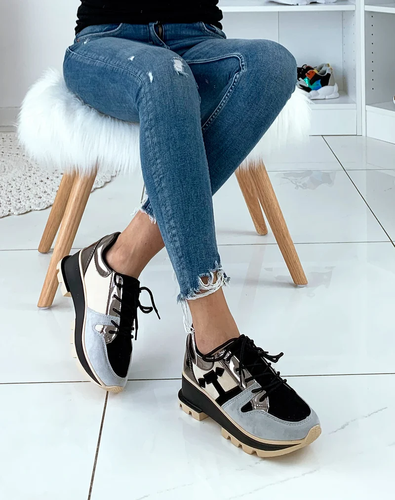Baskets noires multicolore à talon métallique
