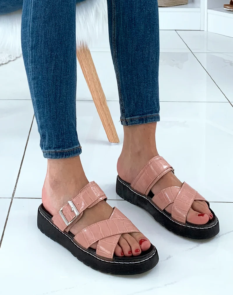 Nu-pied roses à boucles effet croco