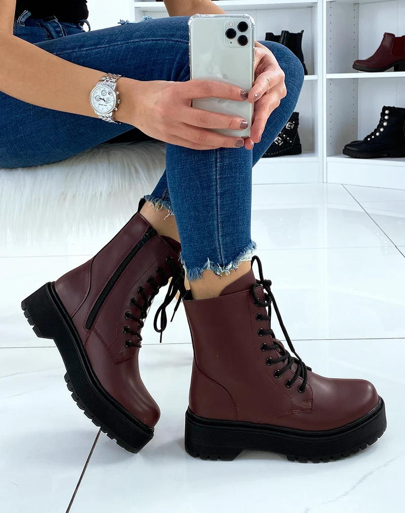 Bottines mat bordeaux à grosse plateforme
