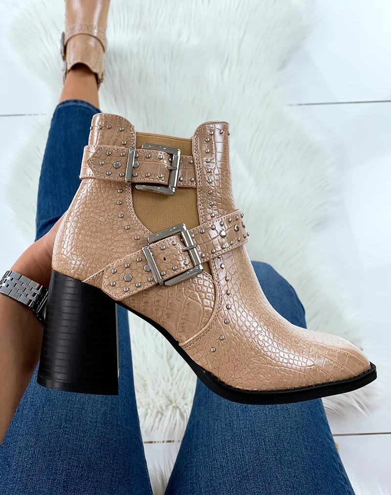 Bottines à talon effet croco beige à bout carré