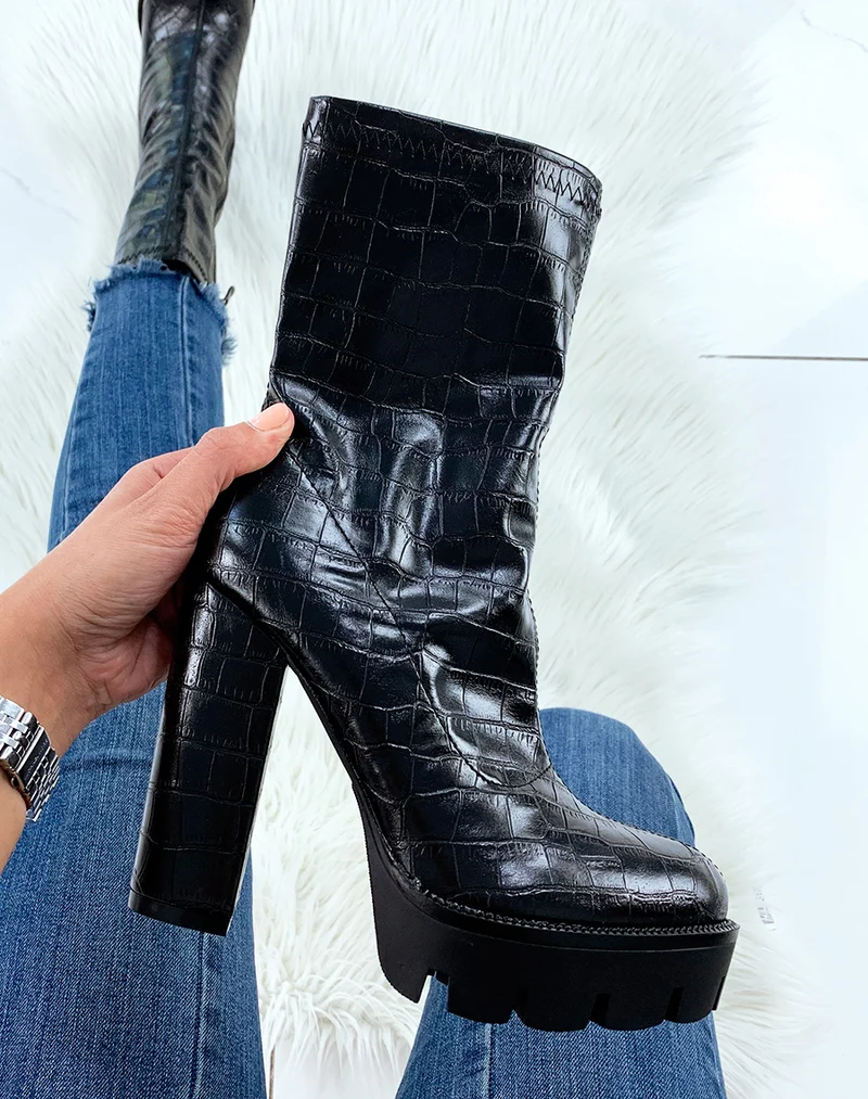 Bottines à talon effet croco noir à tige haute
