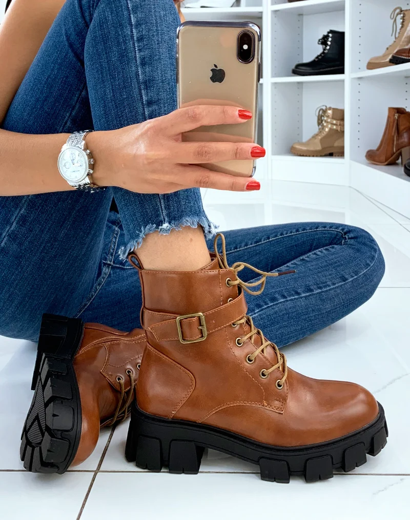 Bottines hautes camel à plateforme