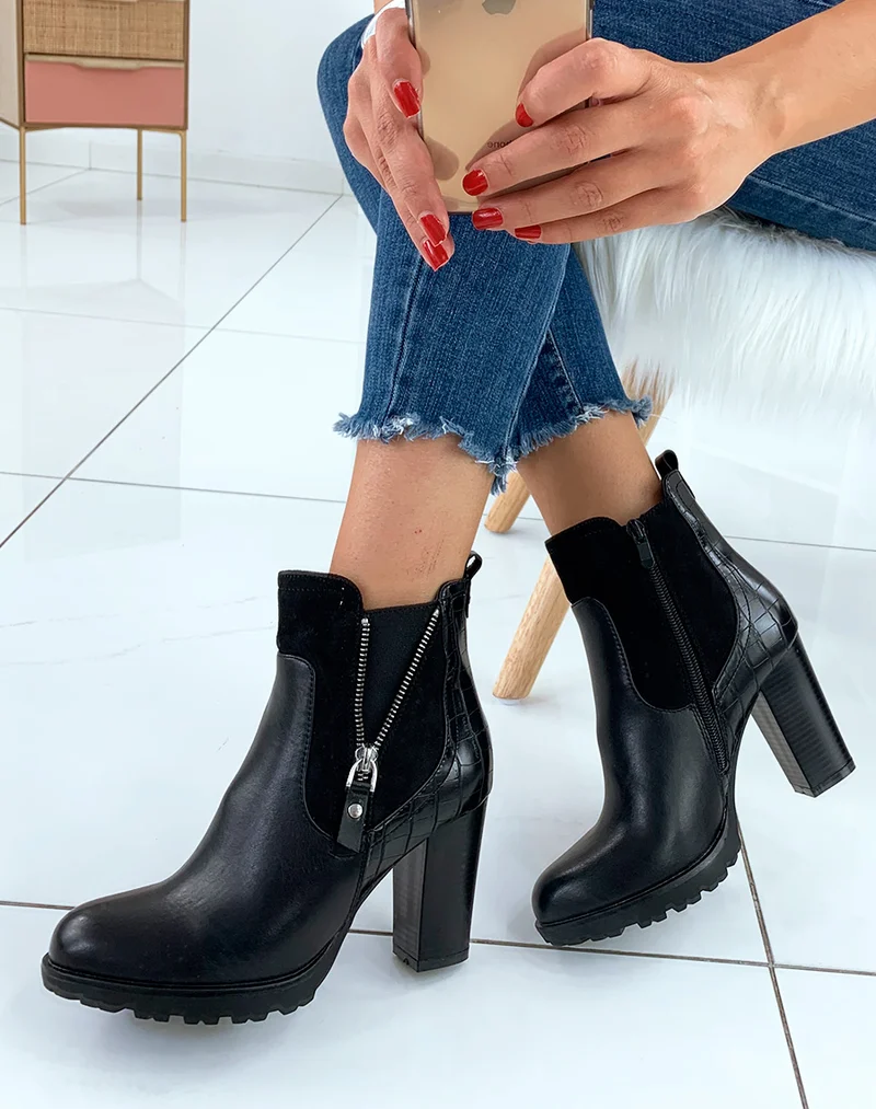 Bottines noires bi-matières à talon