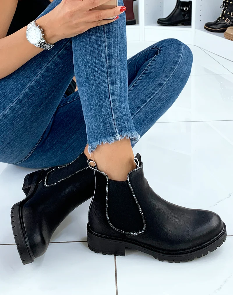 Chelsea boots noires bi-matières à détails effet python
