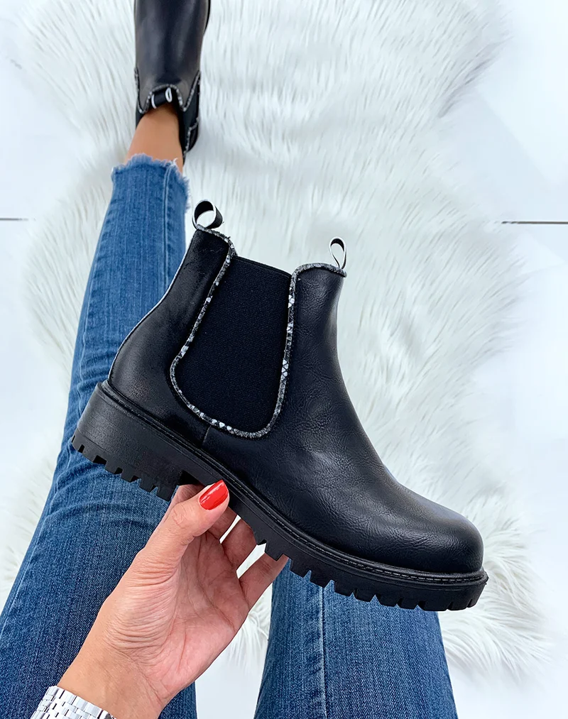 Chelsea boots noires bi-matières à détails effet python