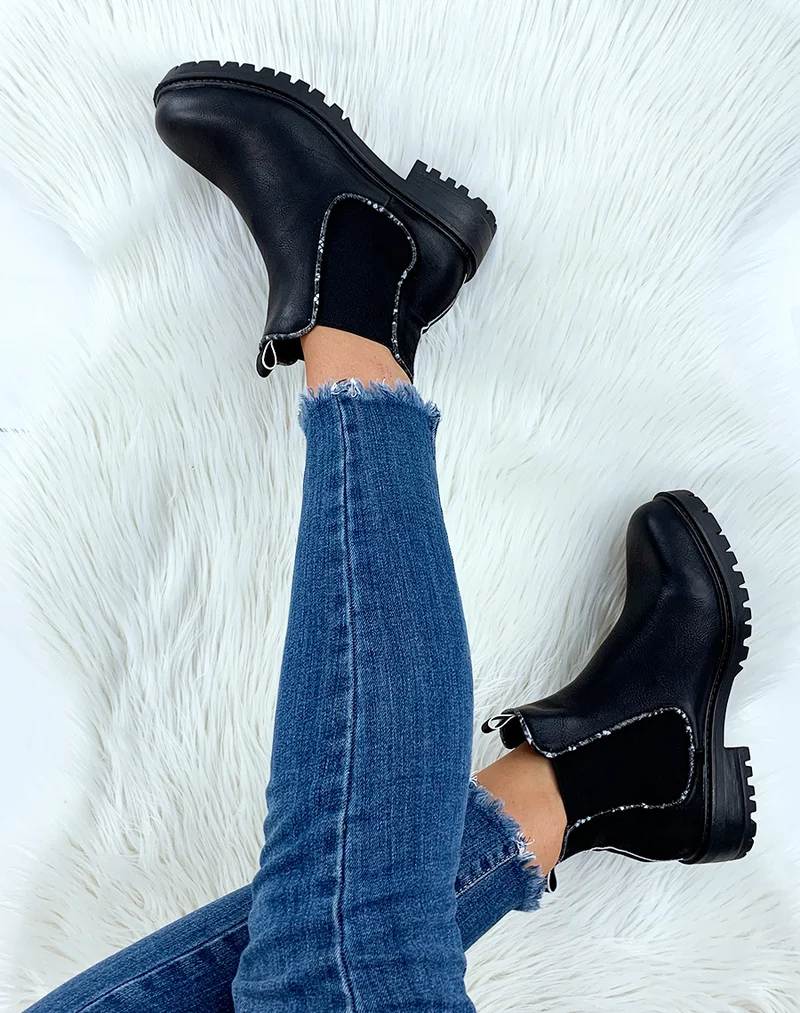 Chelsea boots noires bi-matières à détails effet python