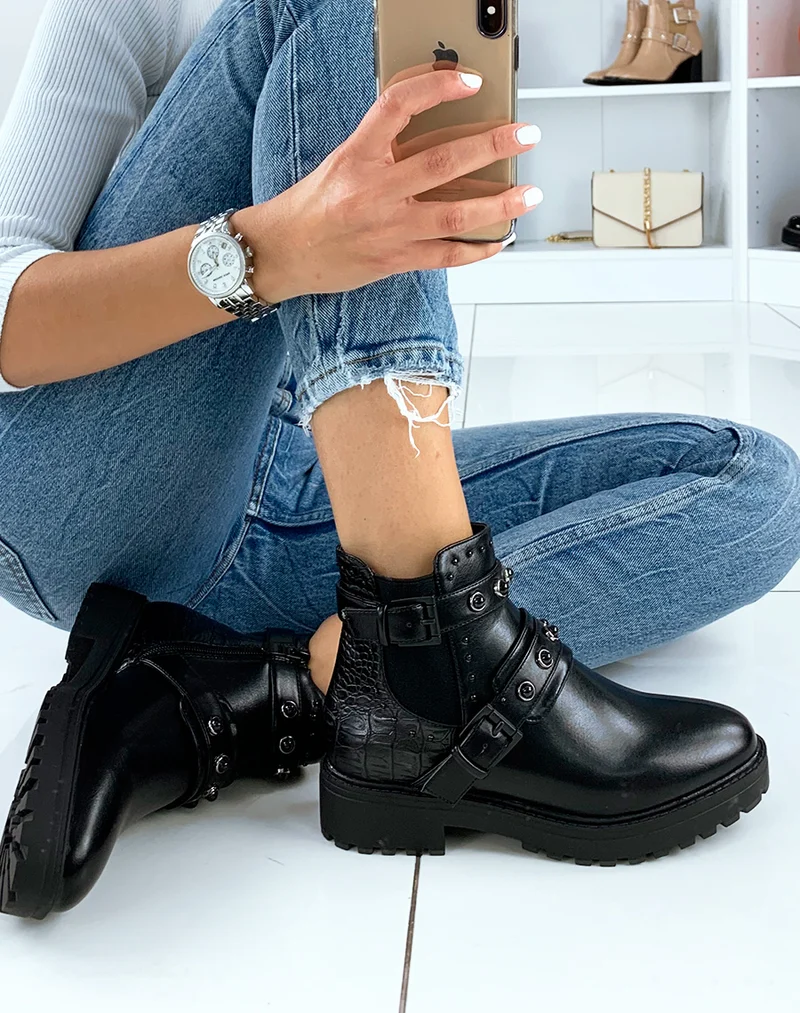 Bottines basses noires bi-matières