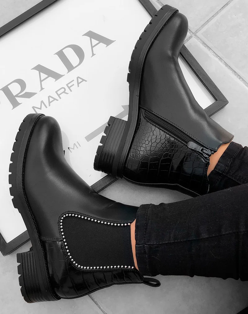 Bottines noires lisse et effet croco à clou