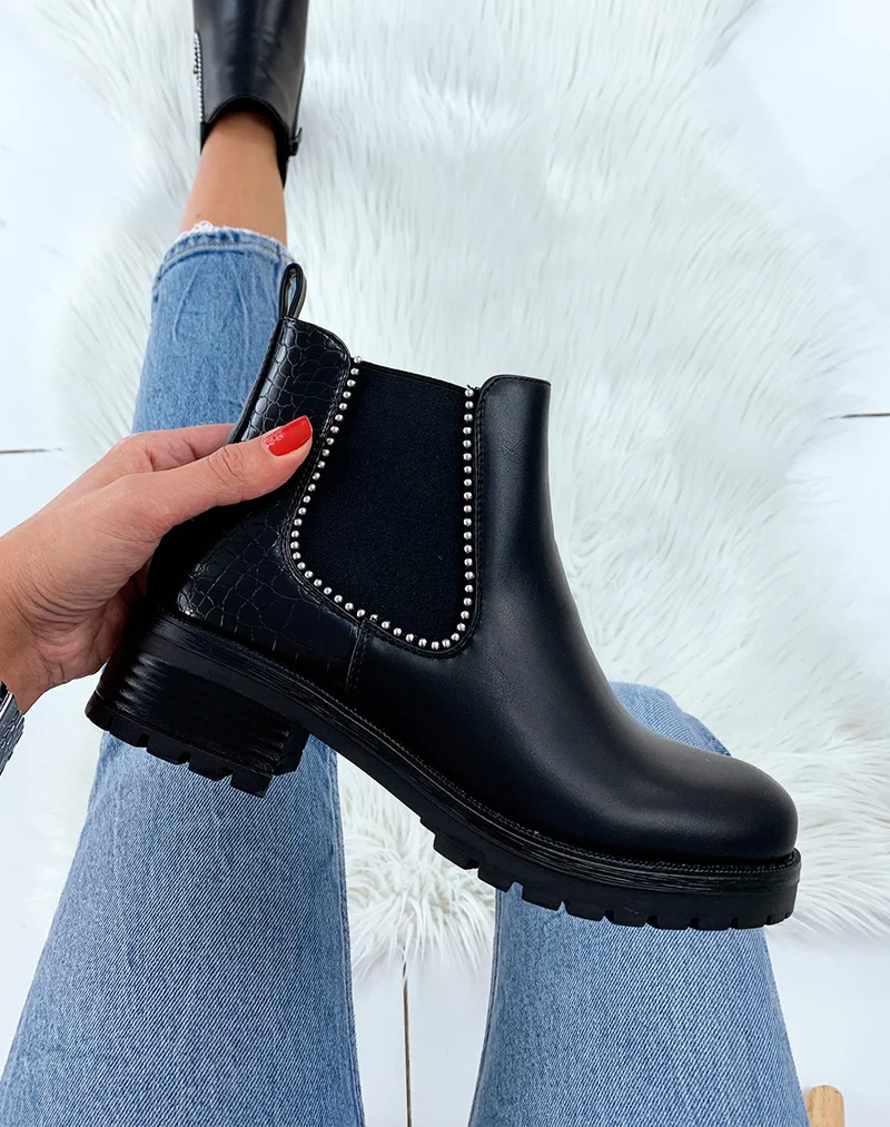 Bottines noires lisse et effet croco à clou