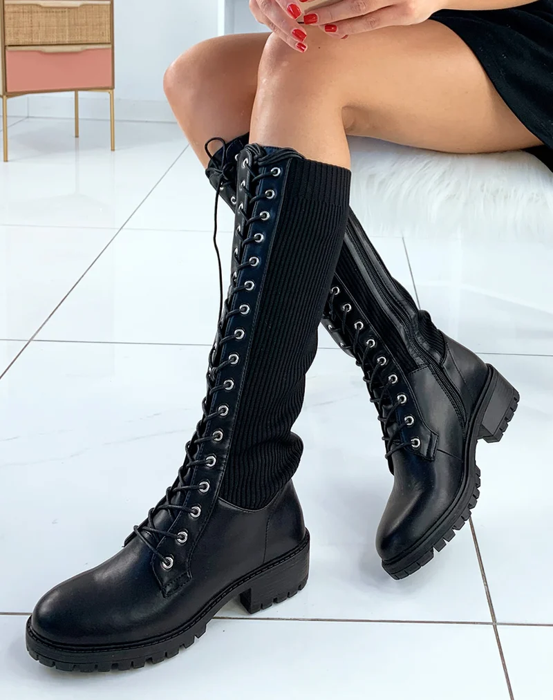 Bottes hautes noires bi-matières