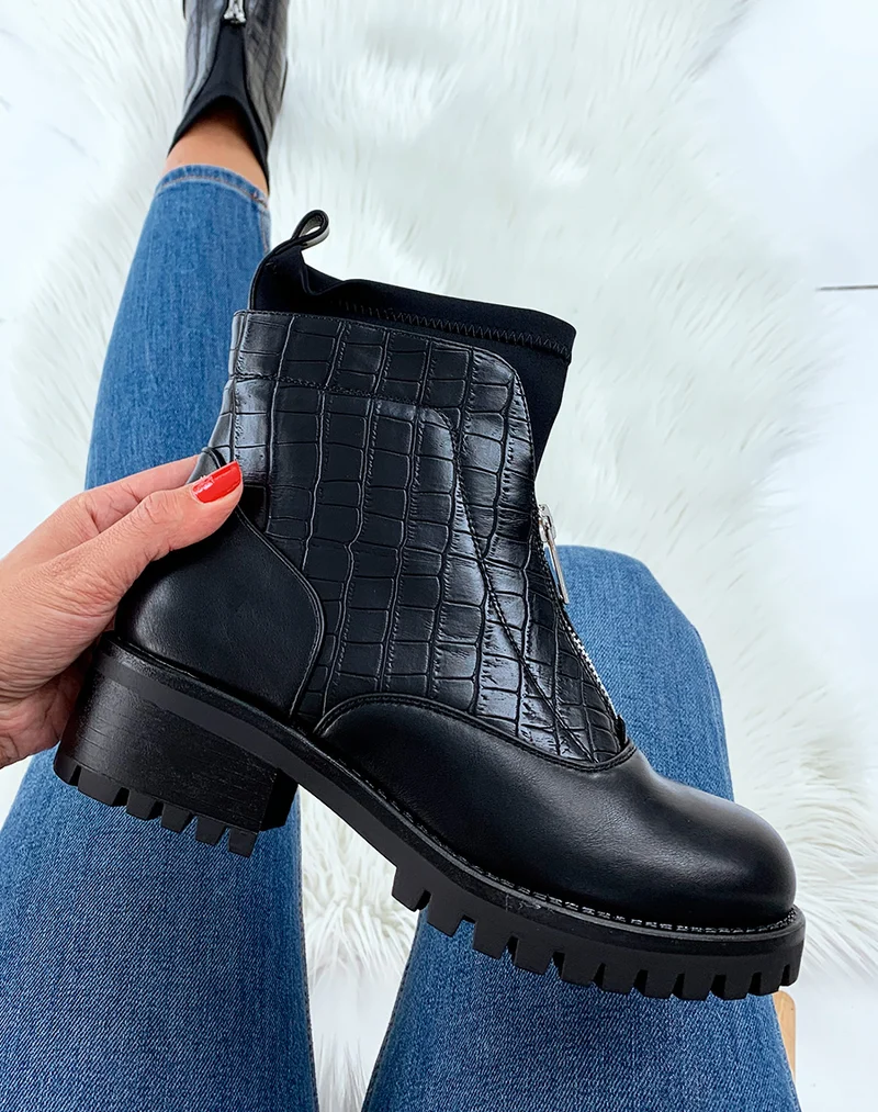 Bottines noires bi-matières effet chaussette
