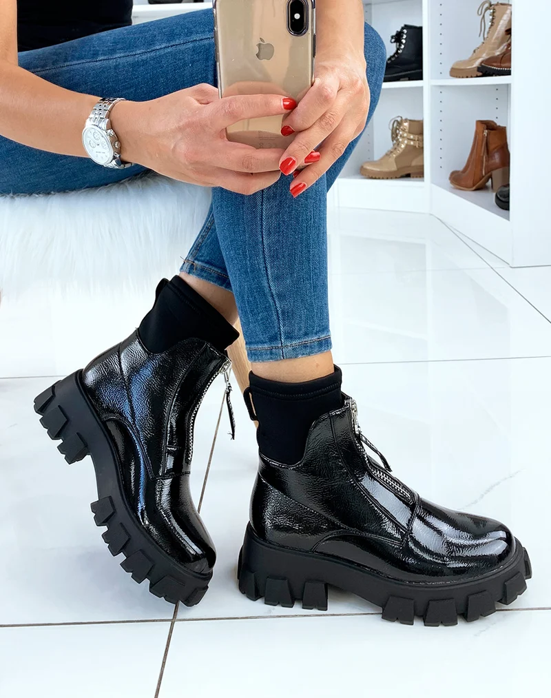 Bottines noires chaussette à plateforme crantée