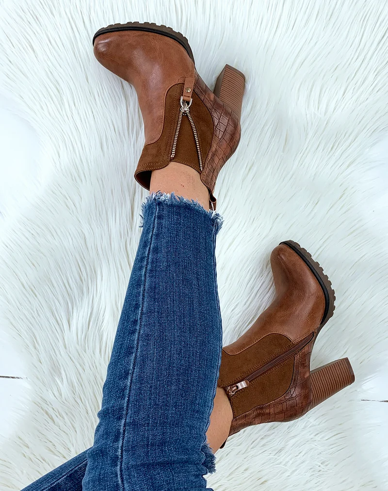 Bottines camel bi-matières à talon