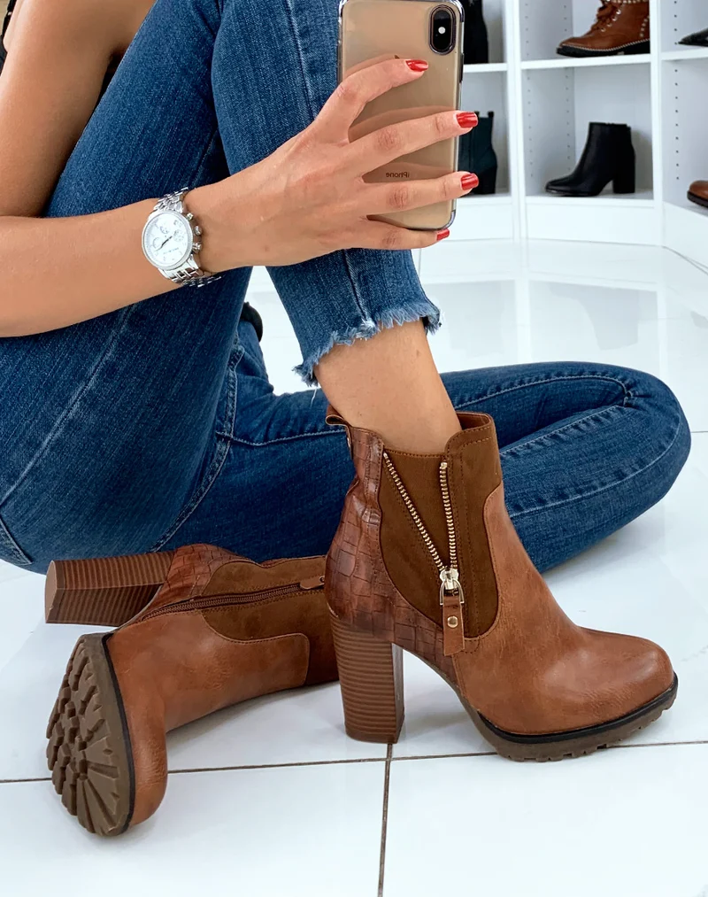 Bottines camel bi-matières à talon