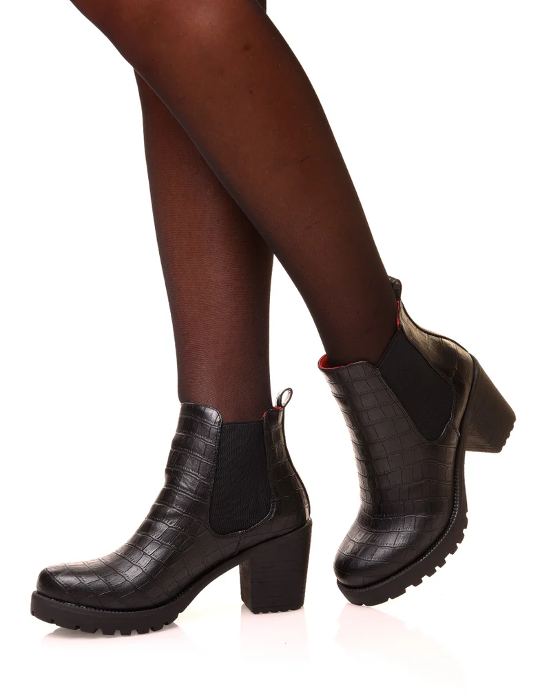 Bottines noires à effet croco